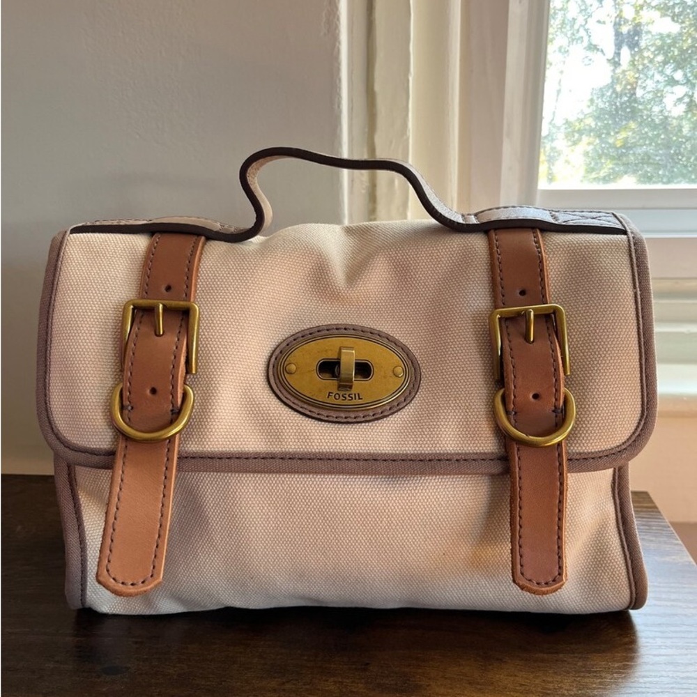 Fossil longline vintage beige canvas and leather